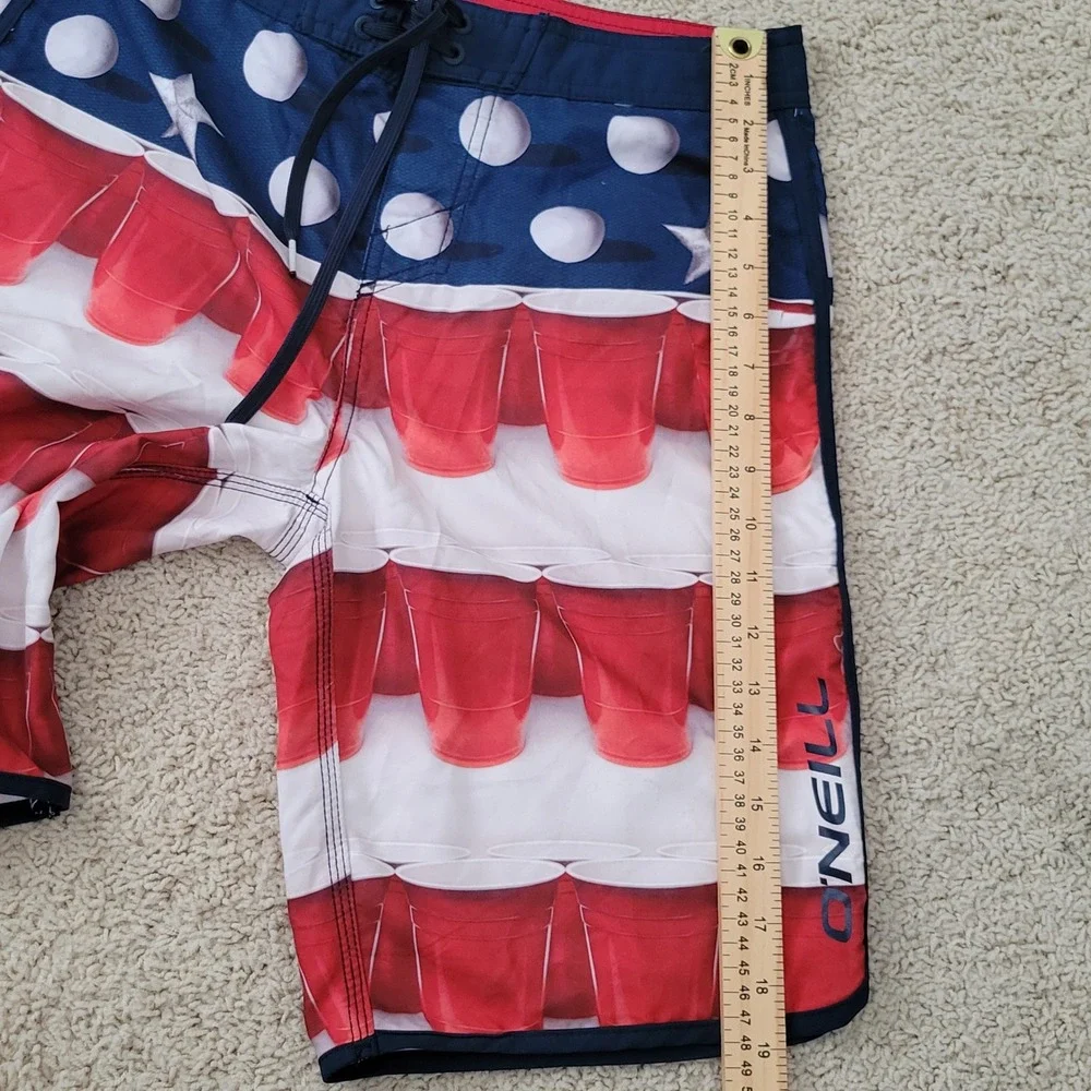 ONeill Hyperfreak Mens 28 Board Shorts Patriotic Red Solo Cup Beer Pong Murca